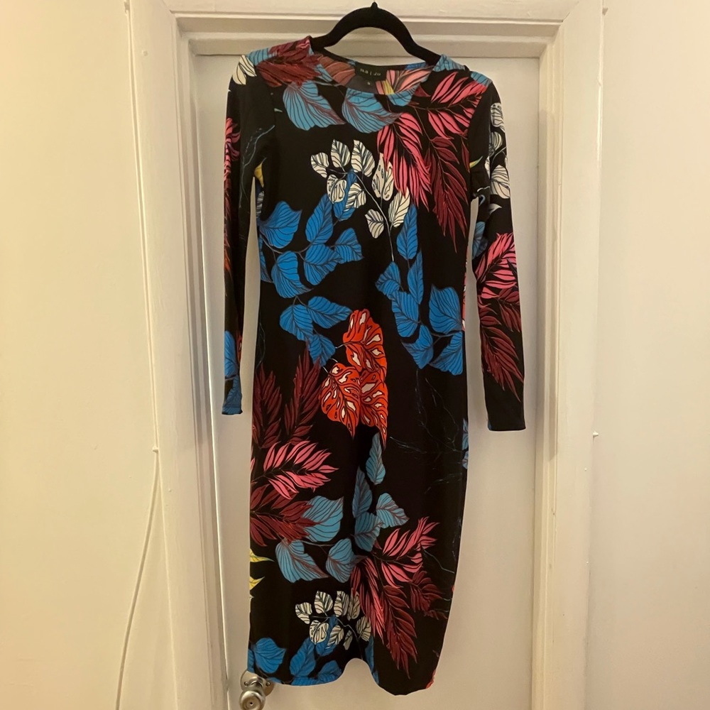 Raju Black Multi Color Floral Bodycon Midi Dress, Size Small